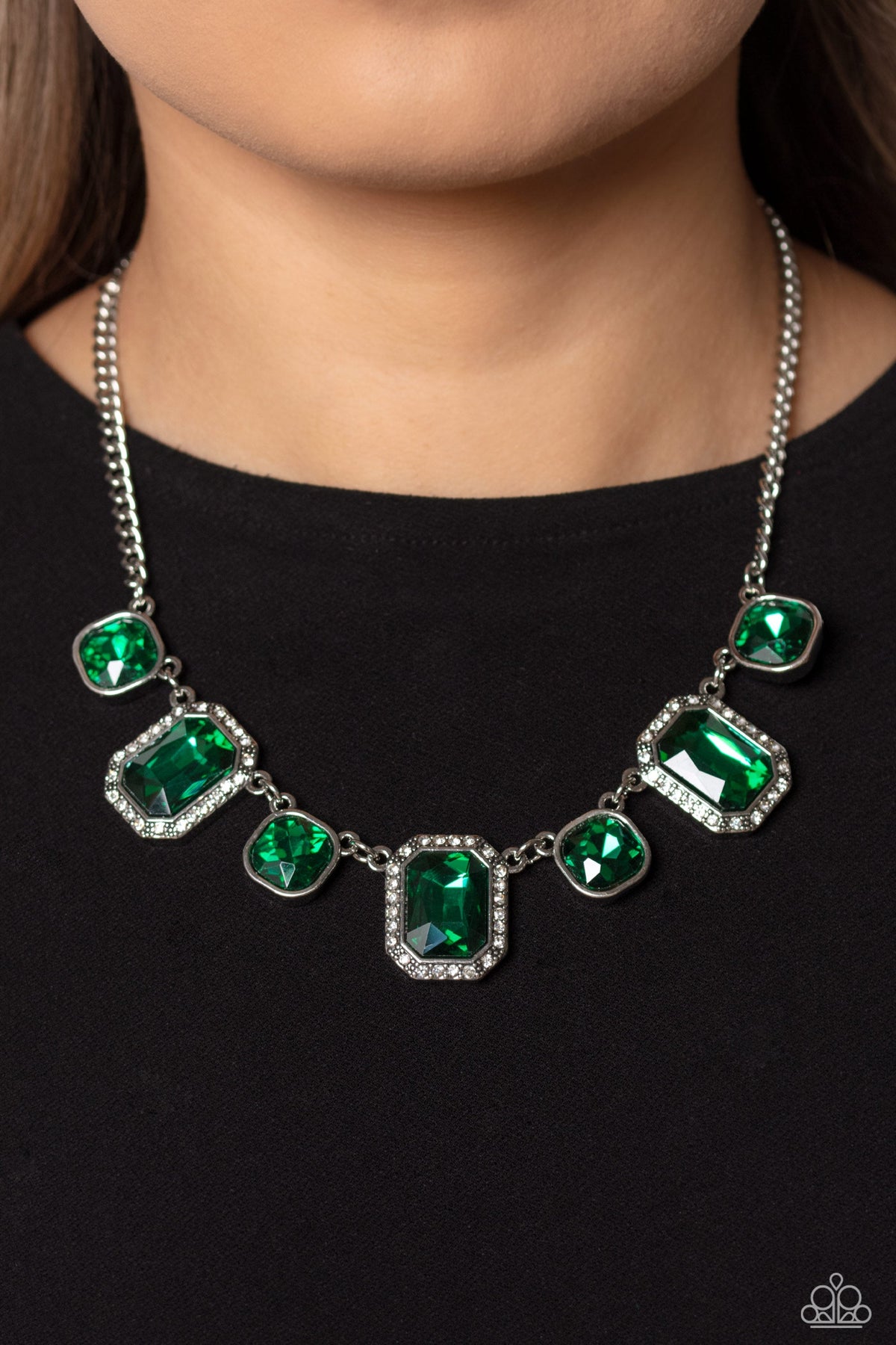 Royal Rumble Green Rhinestone Necklace - Paparazzi Accessories-on model - CarasShop.com - $5 Jewelry by Cara Jewels