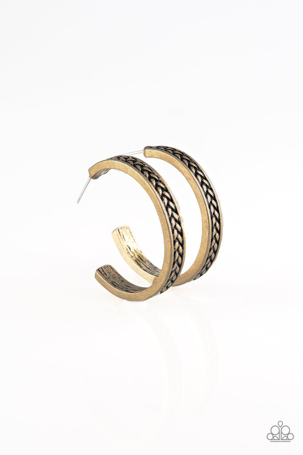 Rugged Retro Brass Hoop Earrings - Paparazzi Accessories-CarasShop.com - $5 Jewelry by Cara Jewels