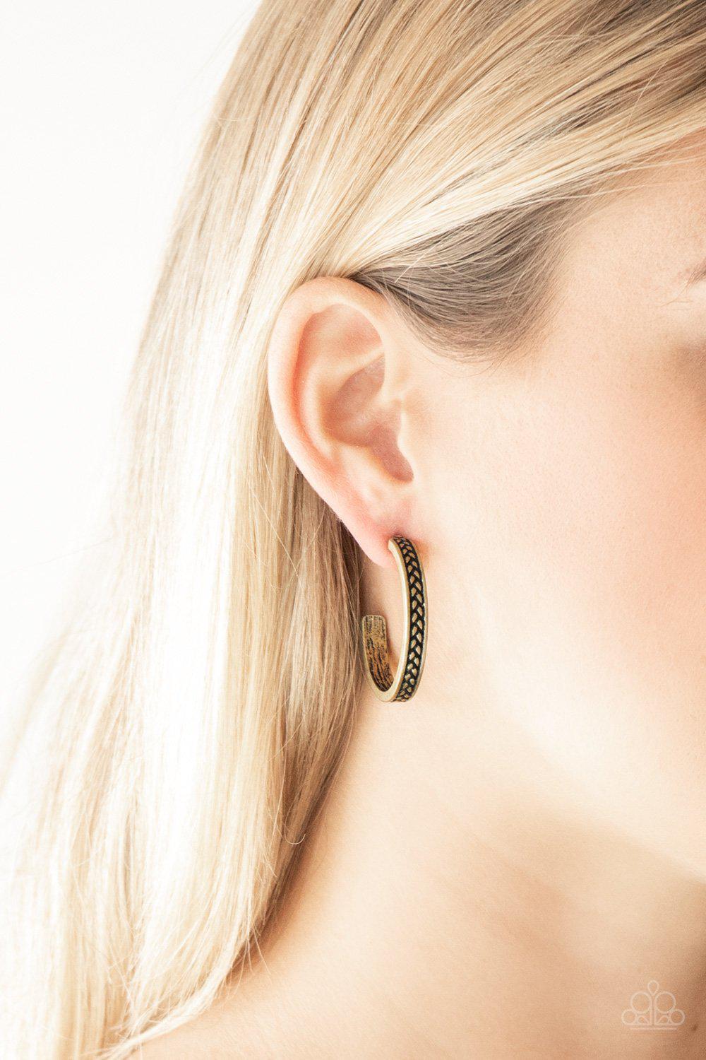 Rugged Retro Brass Hoop Earrings - Paparazzi Accessories-CarasShop.com - $5 Jewelry by Cara Jewels