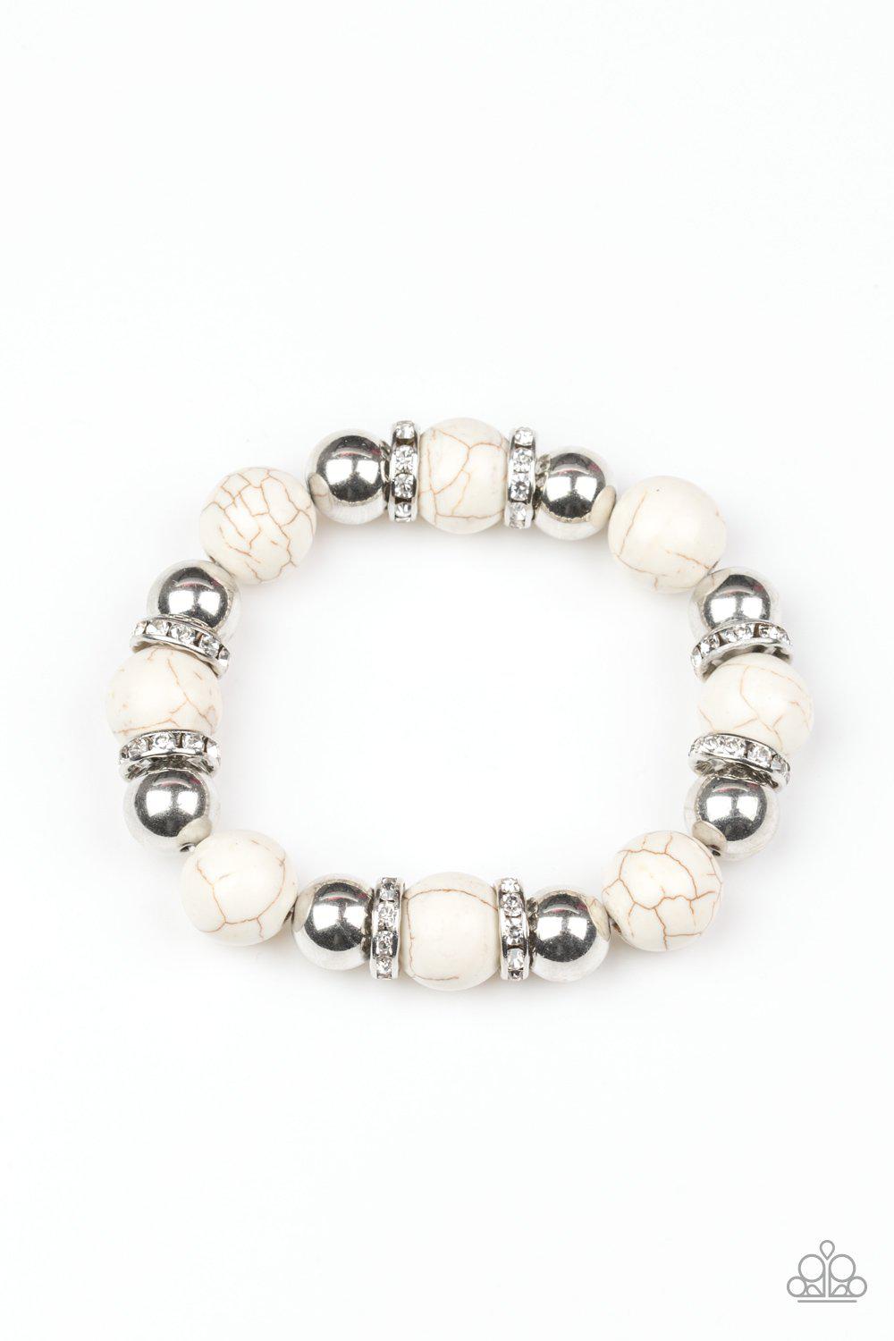 Ruling Class Radiance White and Silver Bracelet - Paparazzi Accessories-CarasShop.com - $5 Jewelry by Cara Jewels