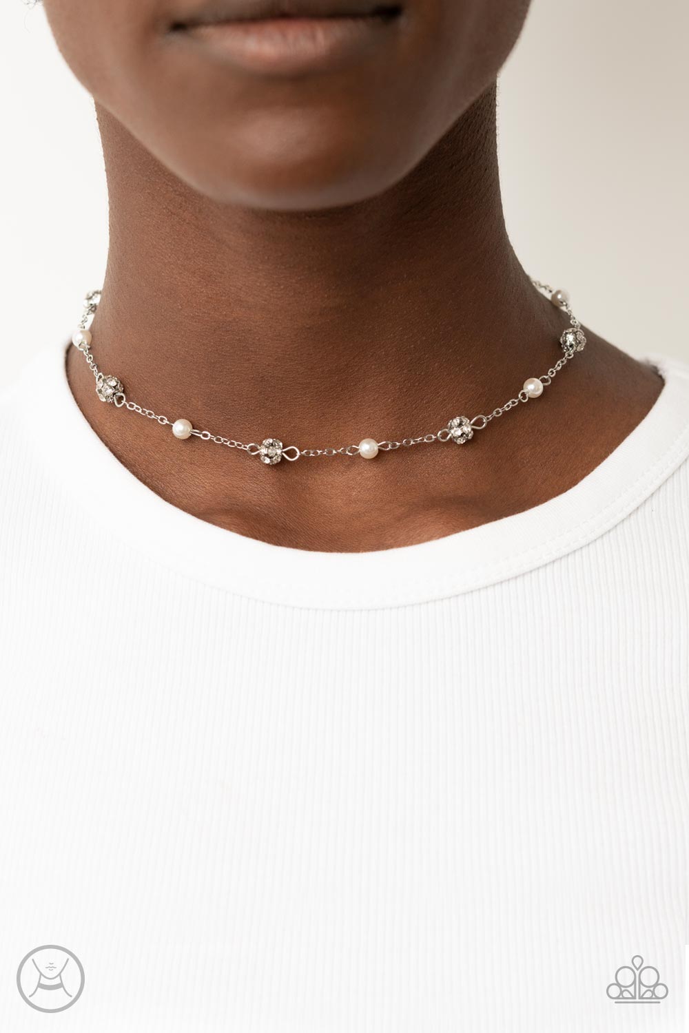 Rumored Romance White Pearl & Rhinestone Choker Necklace - Paparazzi Accessories- lightbox - CarasShop.com - $5 Jewelry by Cara Jewels