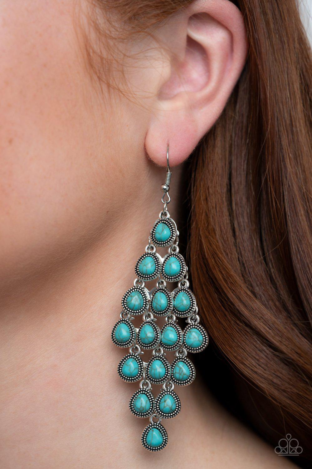 Rural Rainstorms Turquoise Blue Stone Cascading Teardrop Earrings - Paparazzi Accessories-CarasShop.com - $5 Jewelry by Cara Jewels