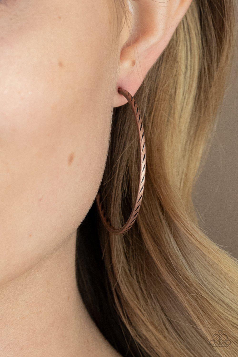 Rural Reserve Copper Hoop Earrings - Paparazzi Accessories- model - CarasShop.com - $5 Jewelry by Cara Jewels