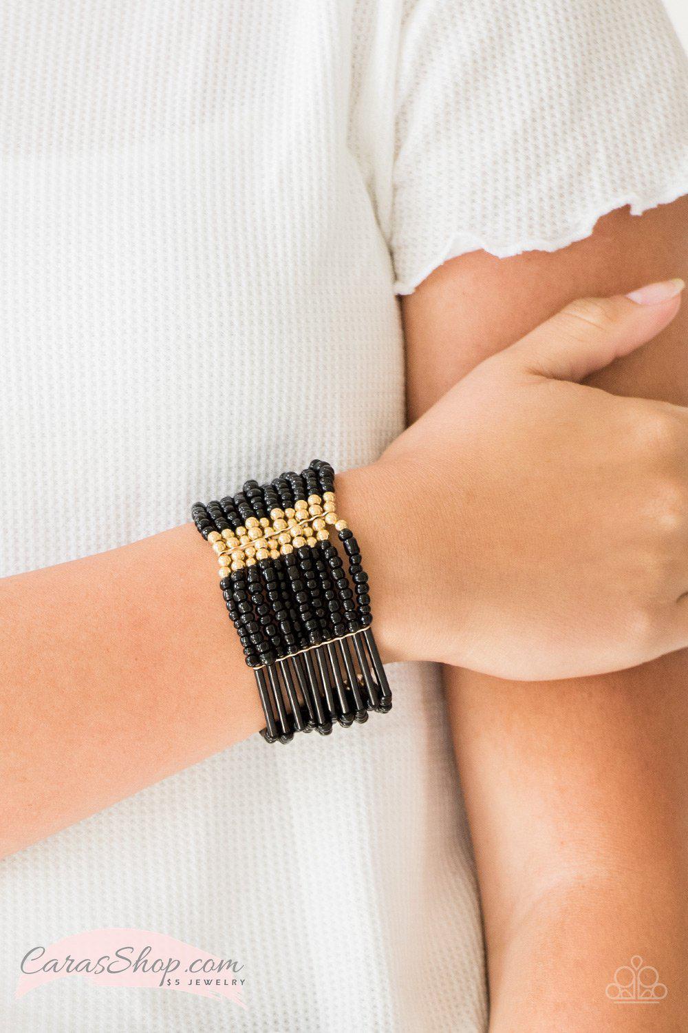 Rural Retreat - Black and Gold Seed Bead Stretch Bracelet - Paparazzi Accessories-CarasShop.com - $5 Jewelry by Cara Jewels