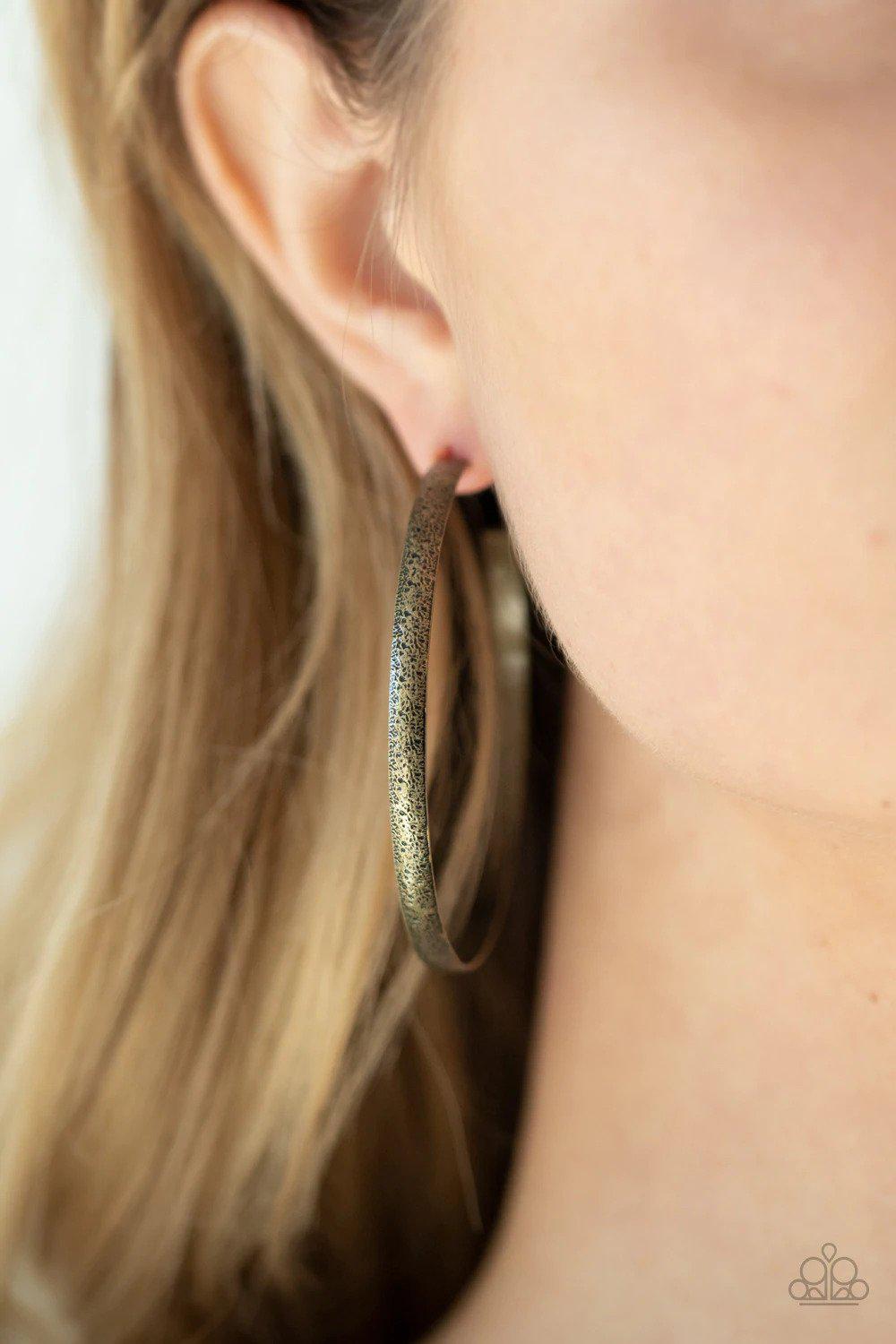 Rustic Radius Brass Earrings - Paparazzi Accessories- on model - CarasShop.com - $5 Jewelry by Cara Jewels
