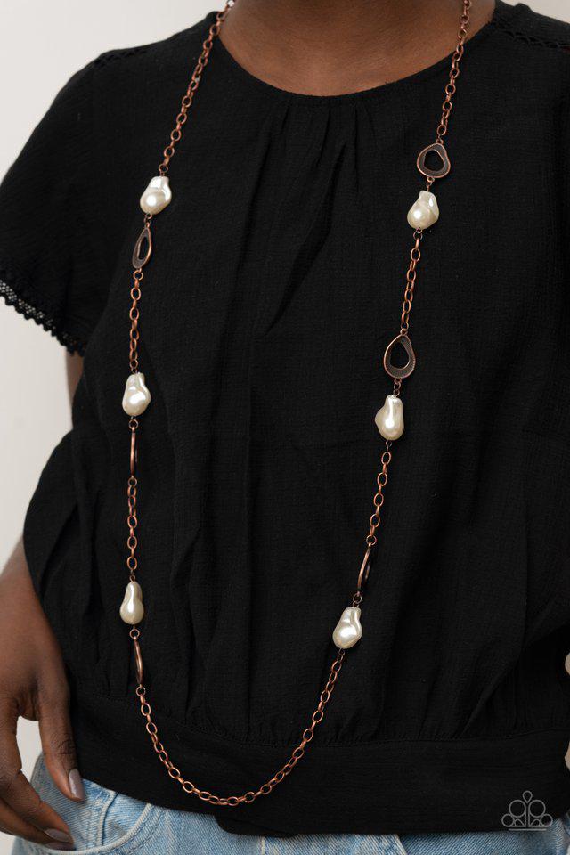 Rustic Refinery Copper and White Pearl Necklace - Paparazzi Accessories-on model - CarasShop.com - $5 Jewelry by Cara Jewels