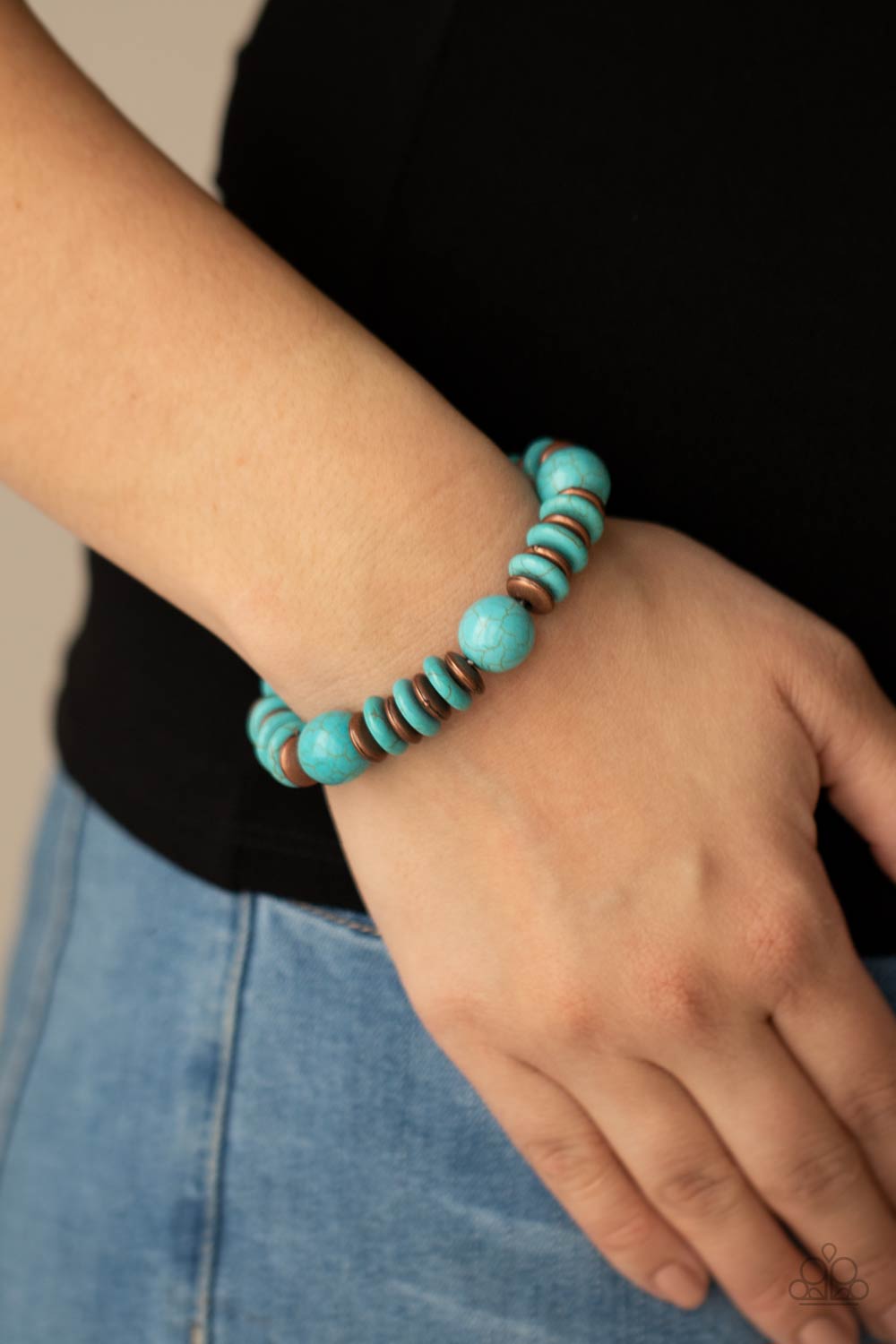 Rustic Rival Copper and Turquoise Stone Bracelet - Paparazzi Accessories- model - CarasShop.com - $5 Jewelry by Cara Jewels