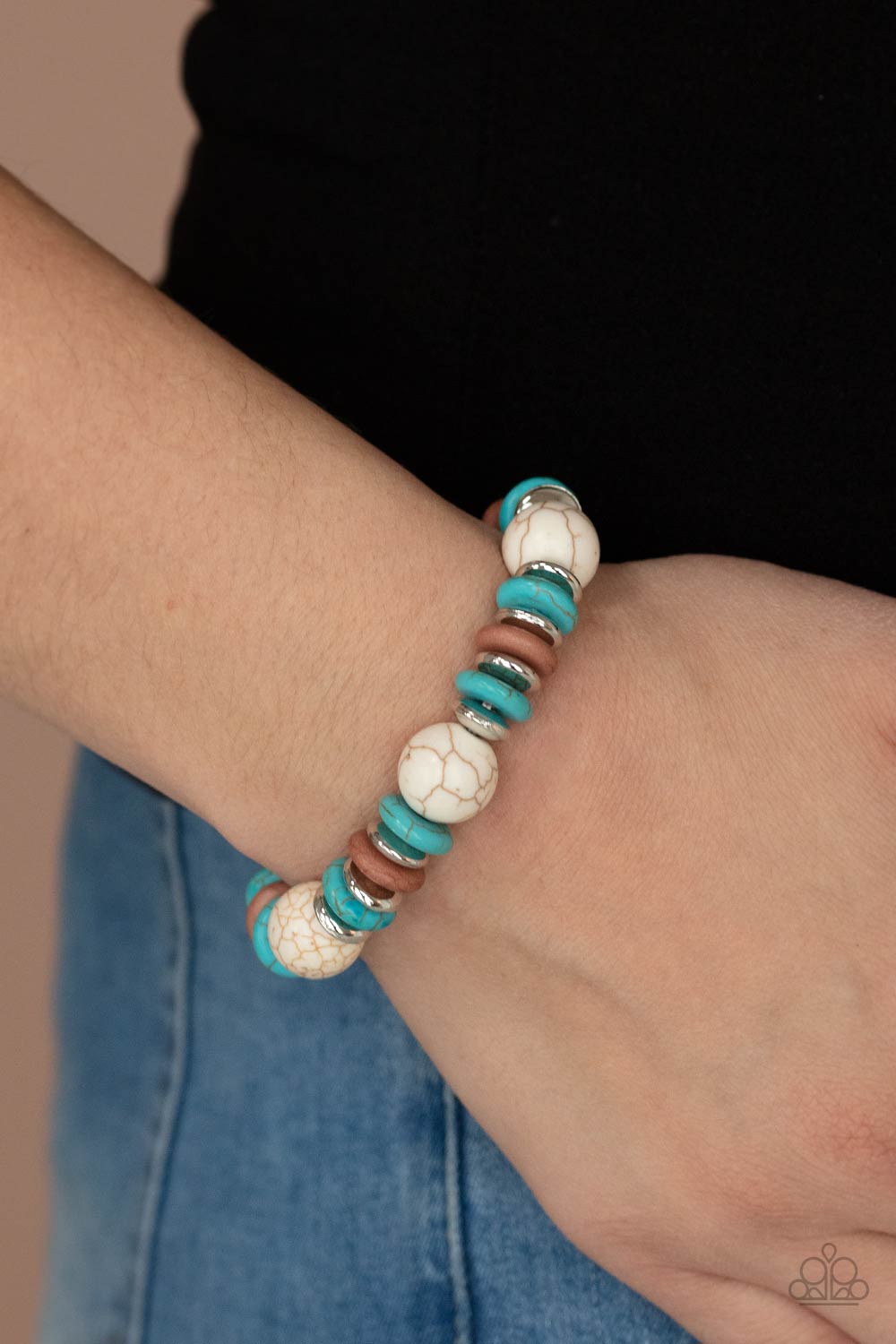 Rustic Rival Multi White and Turquoise Stone Bracelet - Paparazzi Accessories- model - CarasShop.com - $5 Jewelry by Cara Jewels