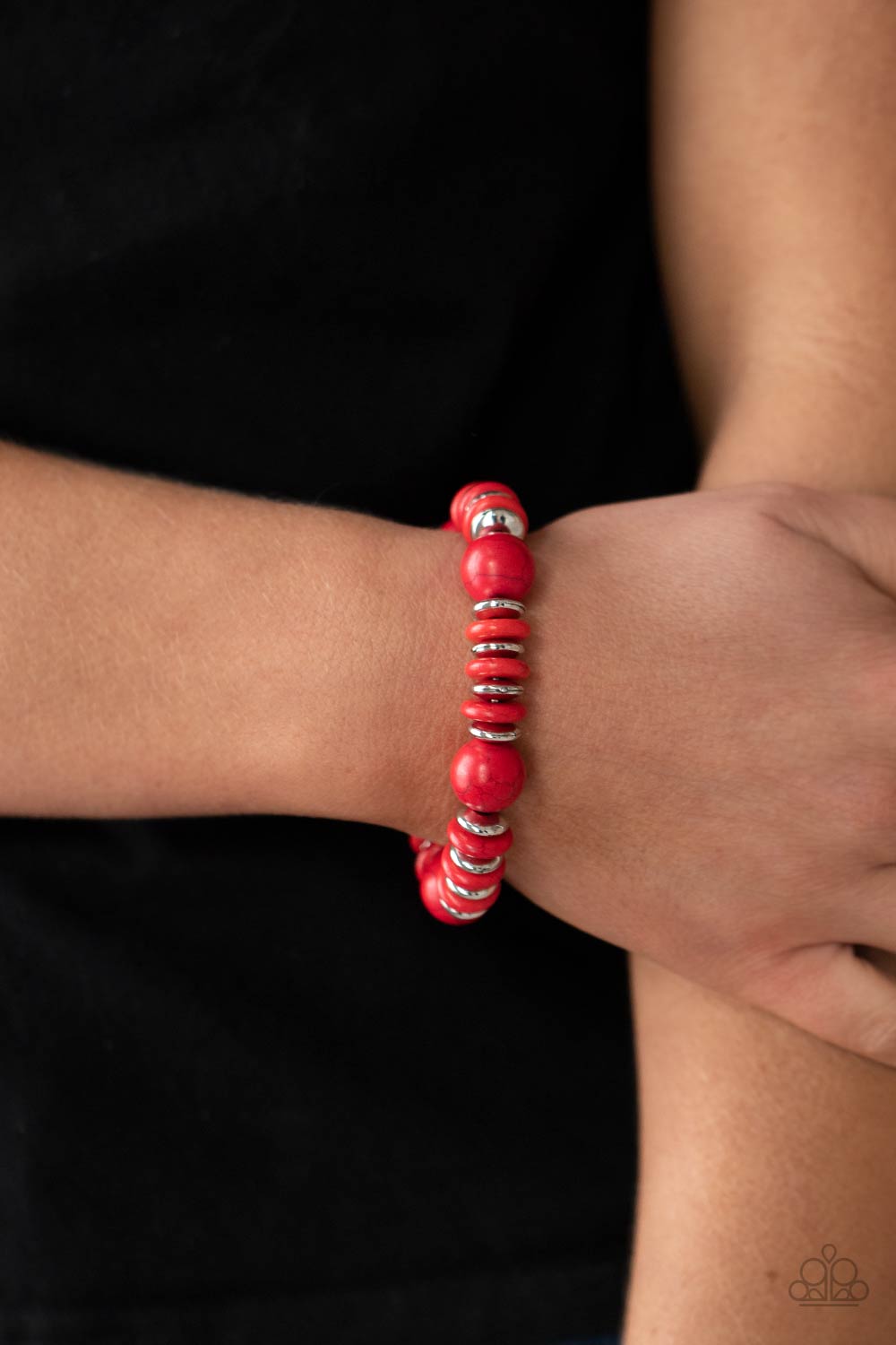 Rustic Rival Red Stone and Silver Bracelet - Paparazzi Accessories- model - CarasShop.com - $5 Jewelry by Cara Jewels
