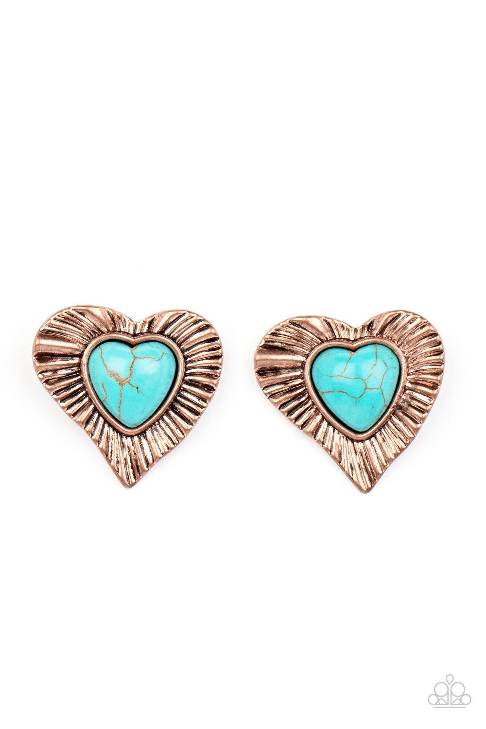 Rustic Romance Copper &amp; Turquoise Heart Earrings - Paparazzi Accessories- lightbox - CarasShop.com - $5 Jewelry by Cara Jewels