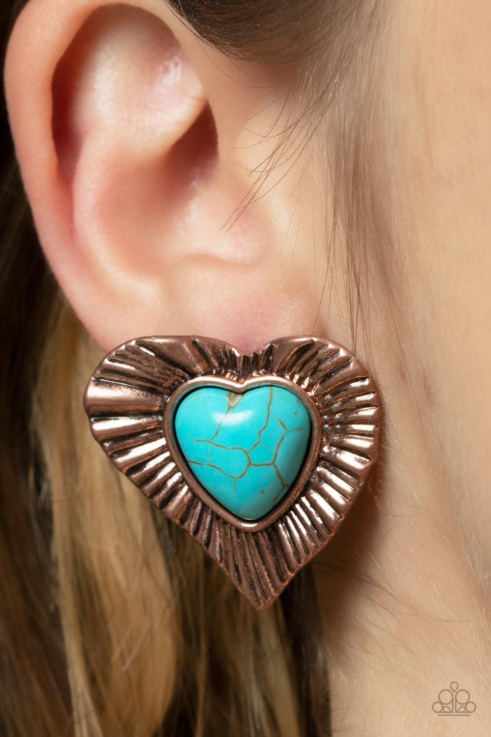 Rustic Romance Copper &amp; Turquoise Heart Earrings - Paparazzi Accessories-on model - CarasShop.com - $5 Jewelry by Cara Jewels
