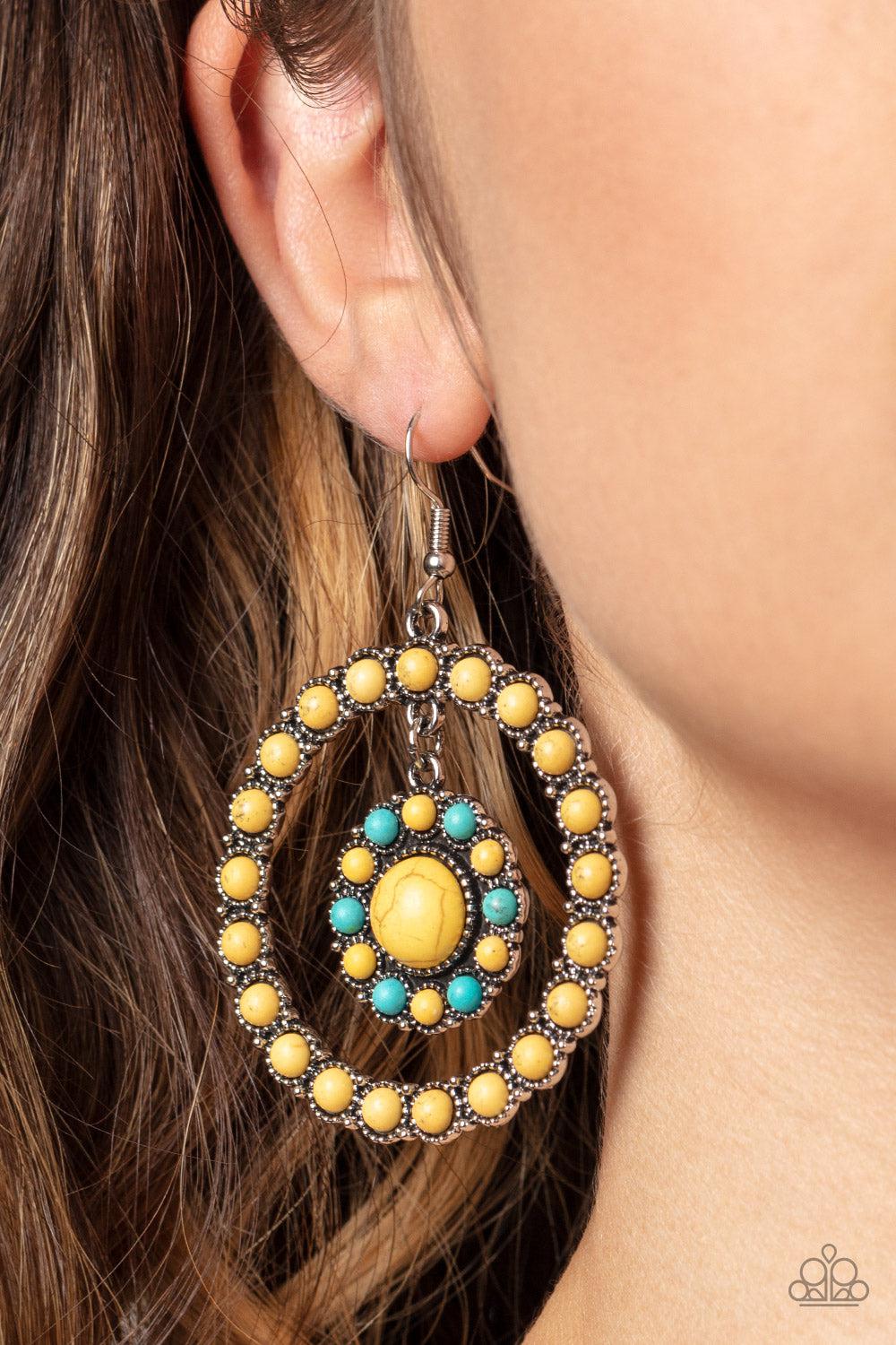 Saguaro Sanctuary Yellow &amp; Turquoise Stone Earrings-on model - CarasShop.com - $5 Jewelry by Cara Jewels