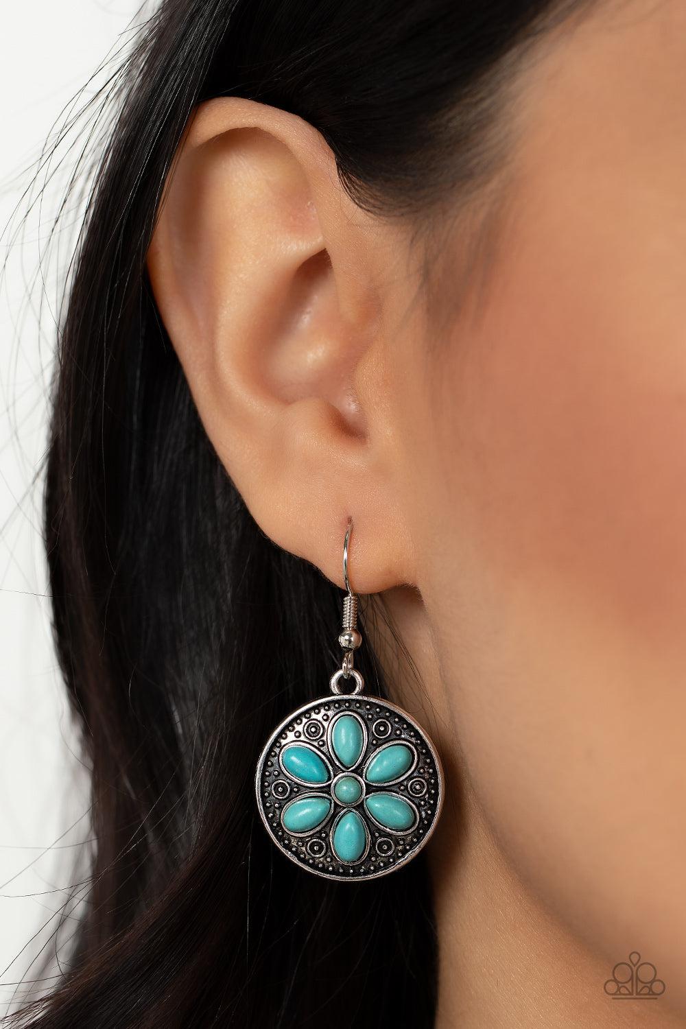 Saguaro Spring Turquoise Blue Stone Flower Earrings - Paparazzi Accessories-on model - CarasShop.com - $5 Jewelry by Cara Jewels