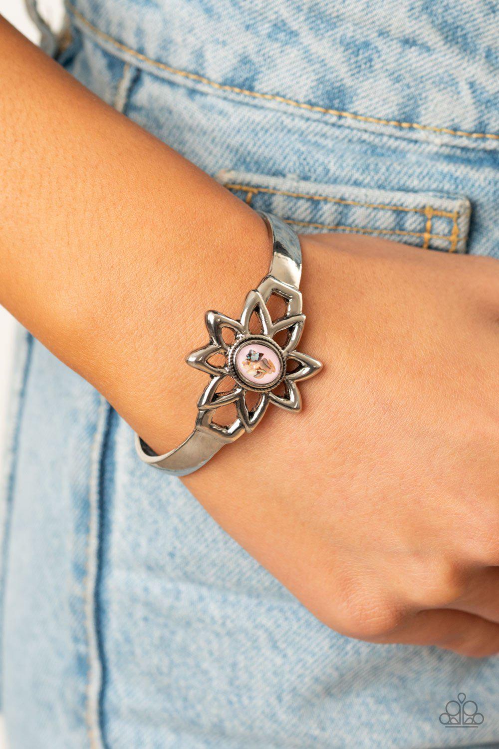 Sahara Garden Pink Shell-like Stone and Silver Cuff Flower Bracelet - Paparazzi Accessories - lightbox -CarasShop.com - $5 Jewelry by Cara Jewels