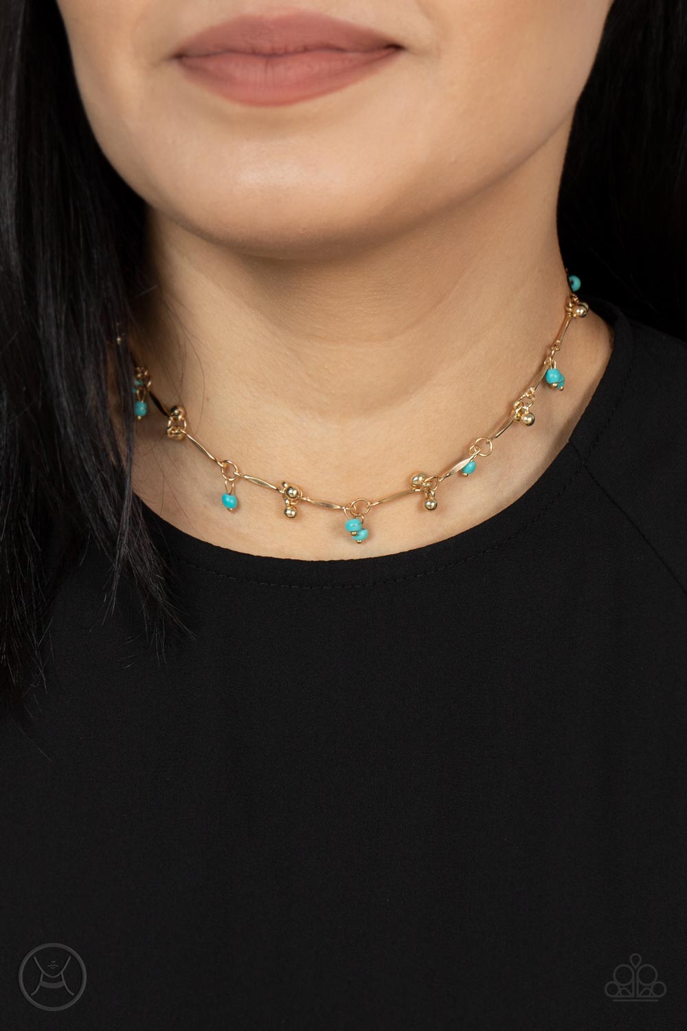 Sahara Social Gold and Turquoise Choker Necklace - Paparazzi Accessories-on model - CarasShop.com - $5 Jewelry by Cara Jewels