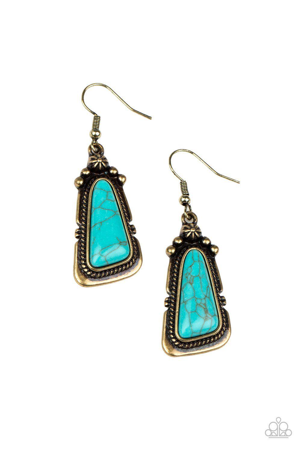 Sahara Solitude Brass and Turquoise Blue Stone Earrings - Paparazzi Accessories - lightbox -CarasShop.com - $5 Jewelry by Cara Jewels