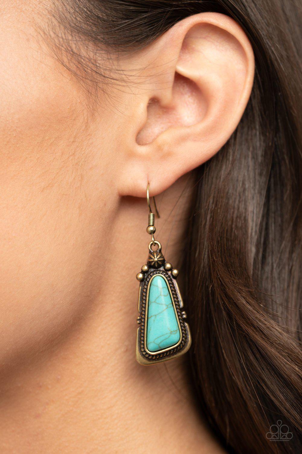 Sahara Solitude Brass and Turquoise Blue Stone Earrings - Paparazzi Accessories - model -CarasShop.com - $5 Jewelry by Cara Jewels