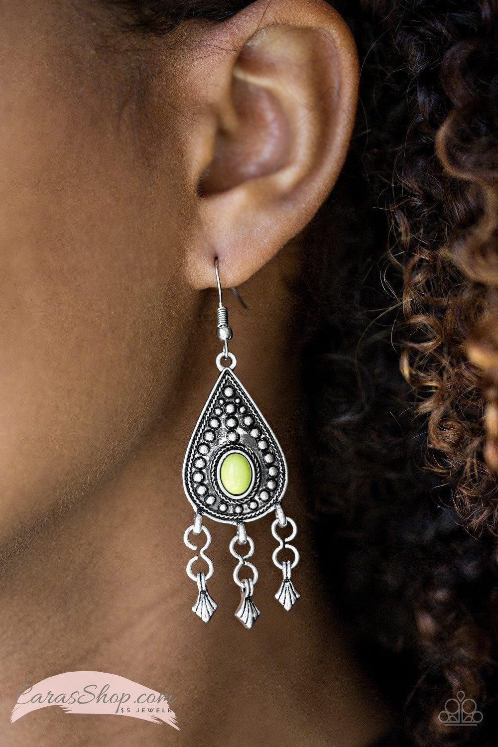 Sahara Song - Green Earrings - Paparazzi Accessories-CarasShop.com - $5 Jewelry by Cara Jewels
