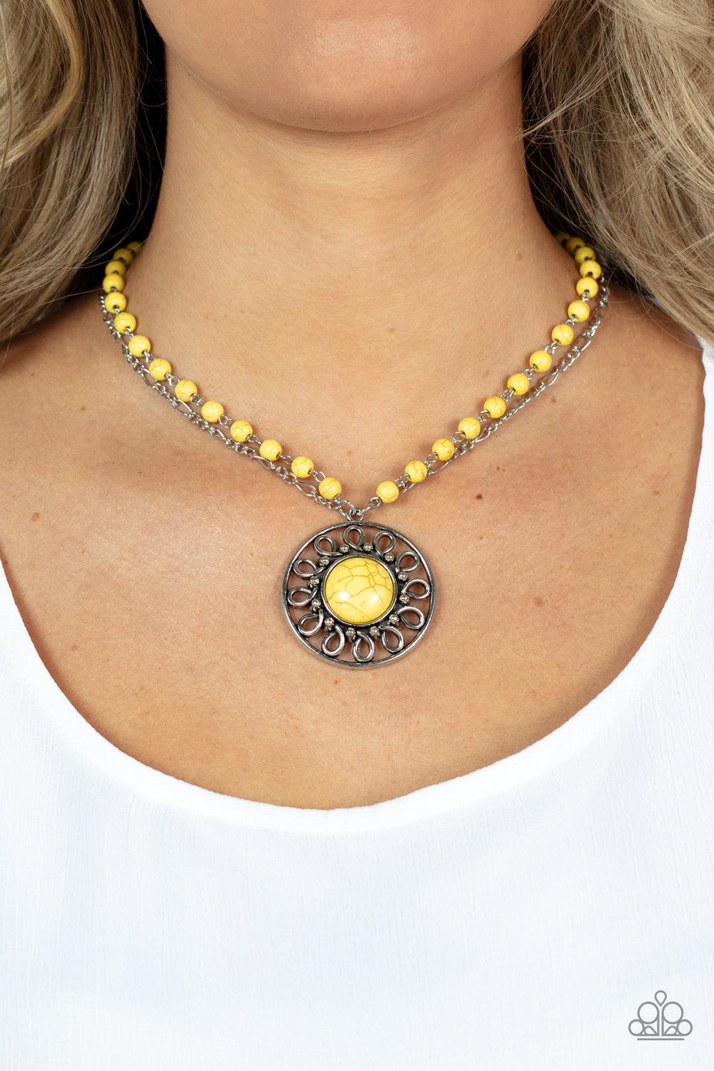 Sahara Suburb Yellow Stone Necklace - Paparazzi Accessories-on model - CarasShop.com - $5 Jewelry by Cara Jewels