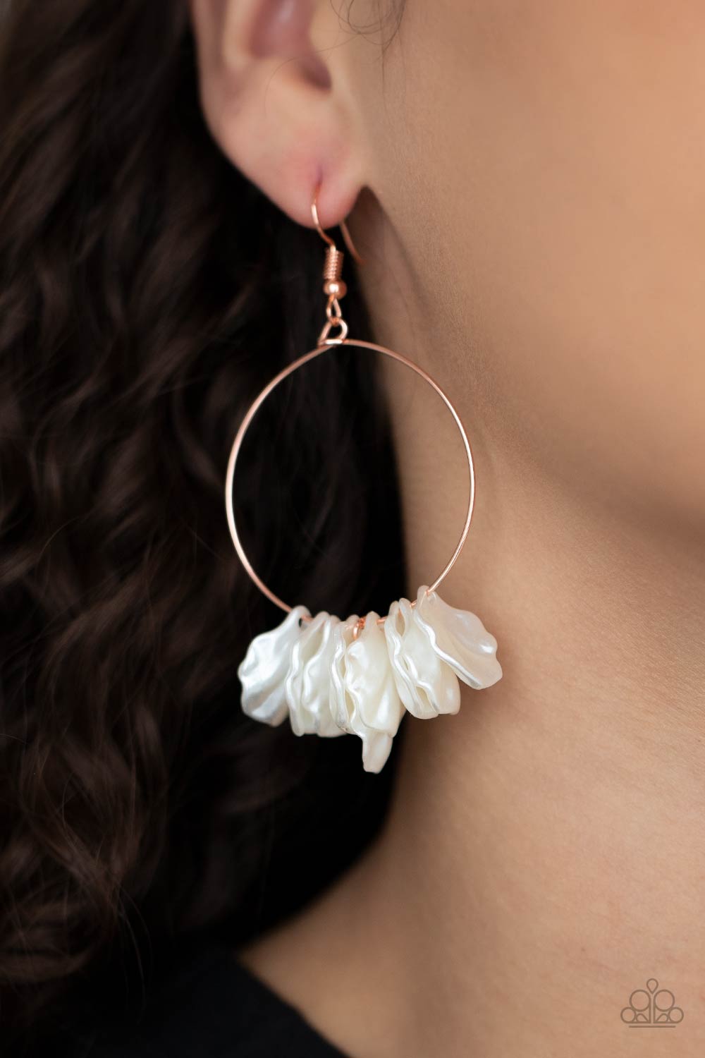 Sailboats and Seashells Copper and White Shell Earrings - Paparazzi Accessories- model - CarasShop.com - $5 Jewelry by Cara Jewels