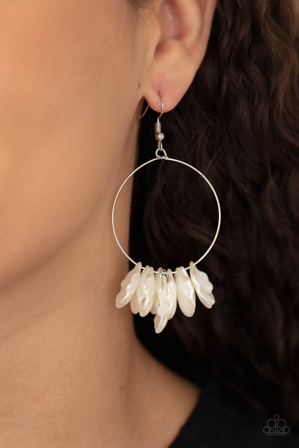 Sailboats and Seashells White Pearly Shell Earrings - Paparazzi Accessories- model - CarasShop.com - $5 Jewelry by Cara Jewels