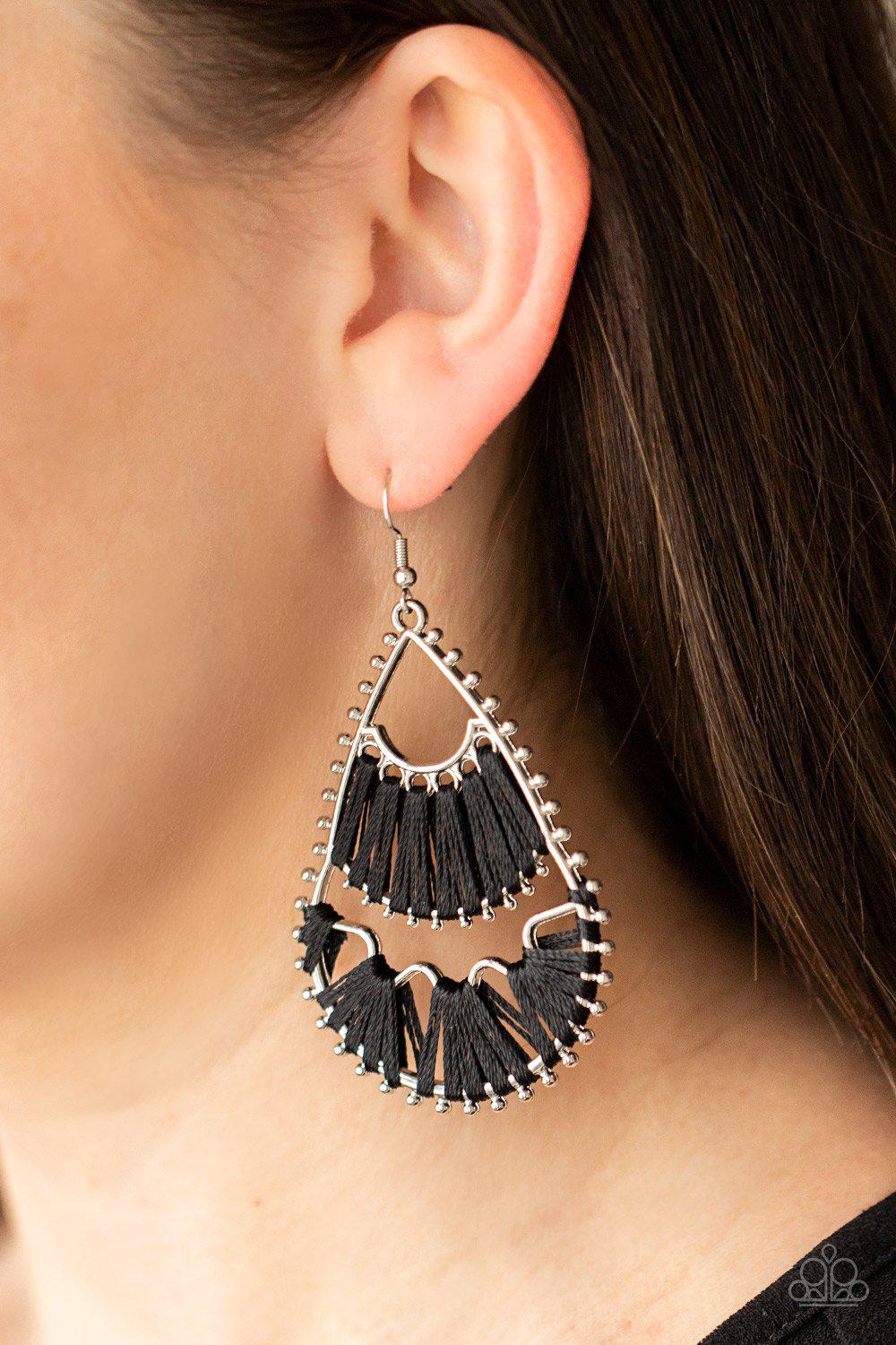 Samba Scene Black and Silver Earrings - Paparazzi Accessories- model - CarasShop.com - $5 Jewelry by Cara Jewels