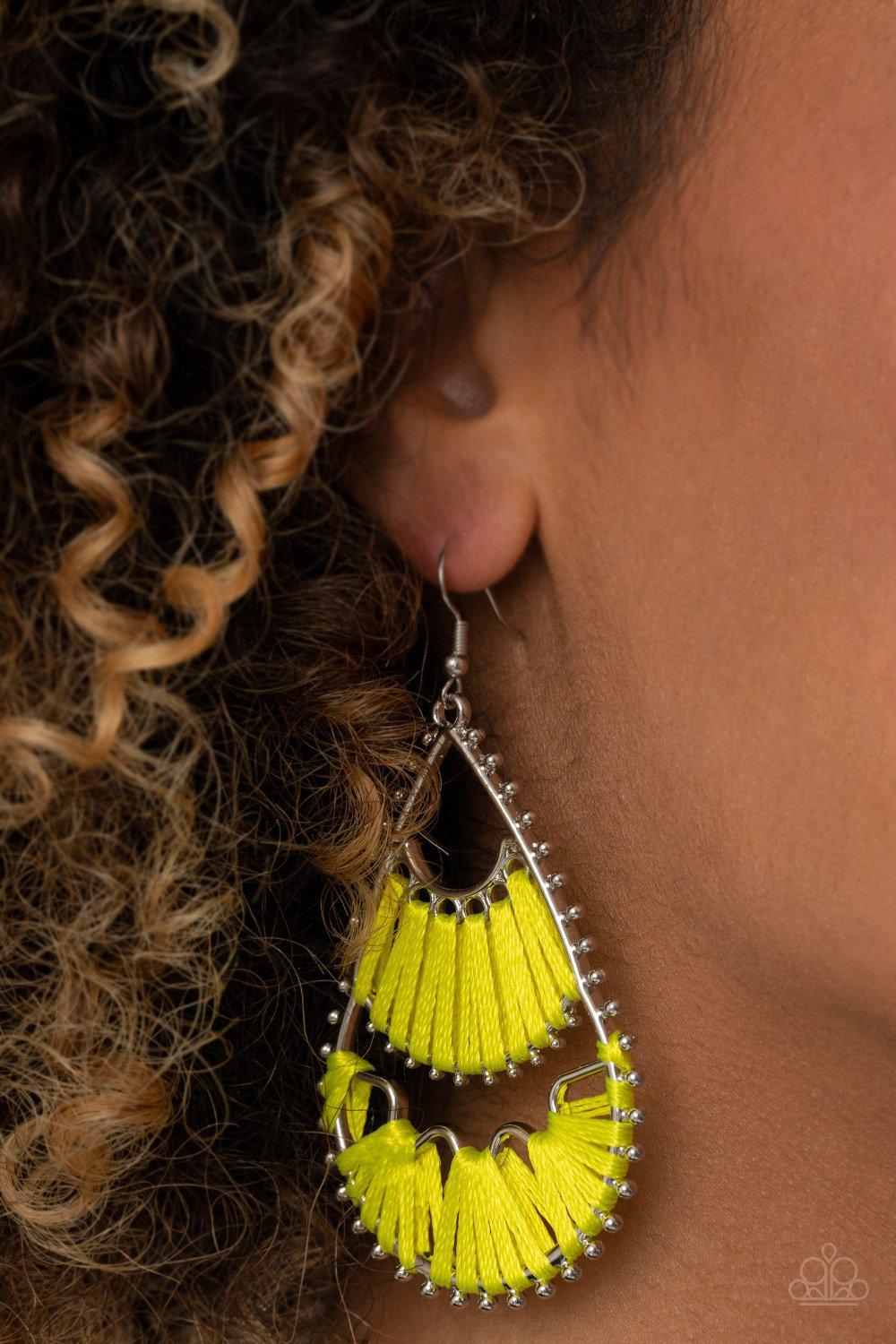 Samba Scene Yellow Thread and Silver Earrings - Paparazzi Accessories Spring Exclusive 2021- model - CarasShop.com - $5 Jewelry by Cara Jewels