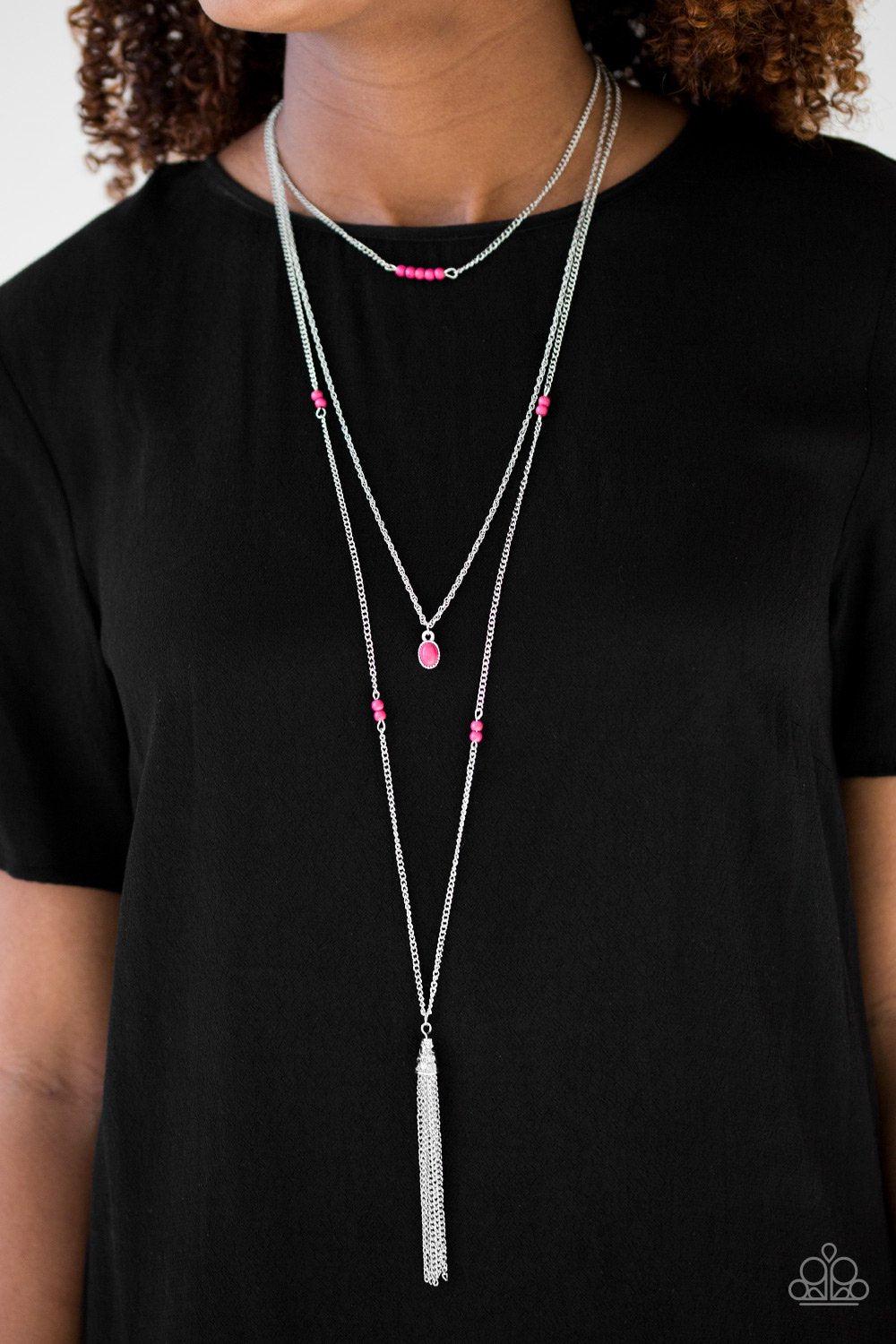 Sandstone Castles Long Hot Pink Tassel Necklace - Paparazzi Accessories-CarasShop.com - $5 Jewelry by Cara Jewels