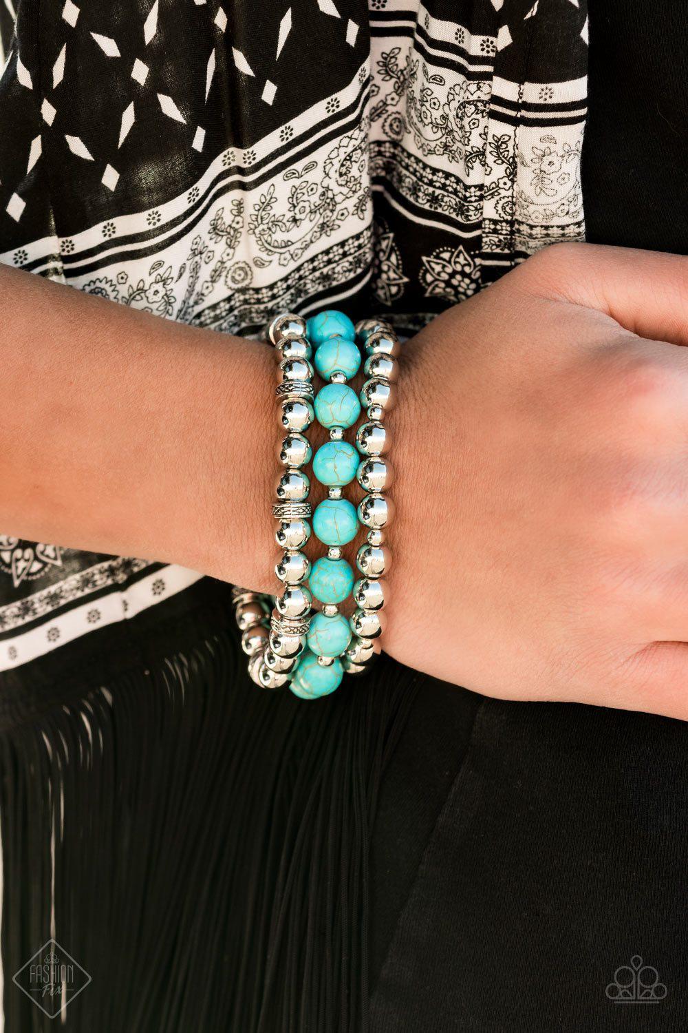 Sandstone Serendipity Silver and Turquoise Blue Stone Bracelet Set - Paparazzi Accessories-CarasShop.com - $5 Jewelry by Cara Jewels