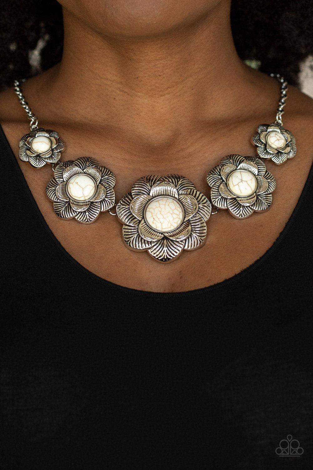 Santa Fe Hills White Stone Flower Necklace - Paparazzi Accessories - model -CarasShop.com - $5 Jewelry by Cara Jewels