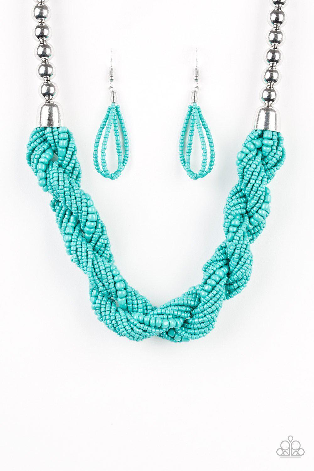 Savannah Surfin' Turquoise Blue Seed Bead Necklace and matching Earrings - Paparazzi Accessories-CarasShop.com - $5 Jewelry by Cara Jewels