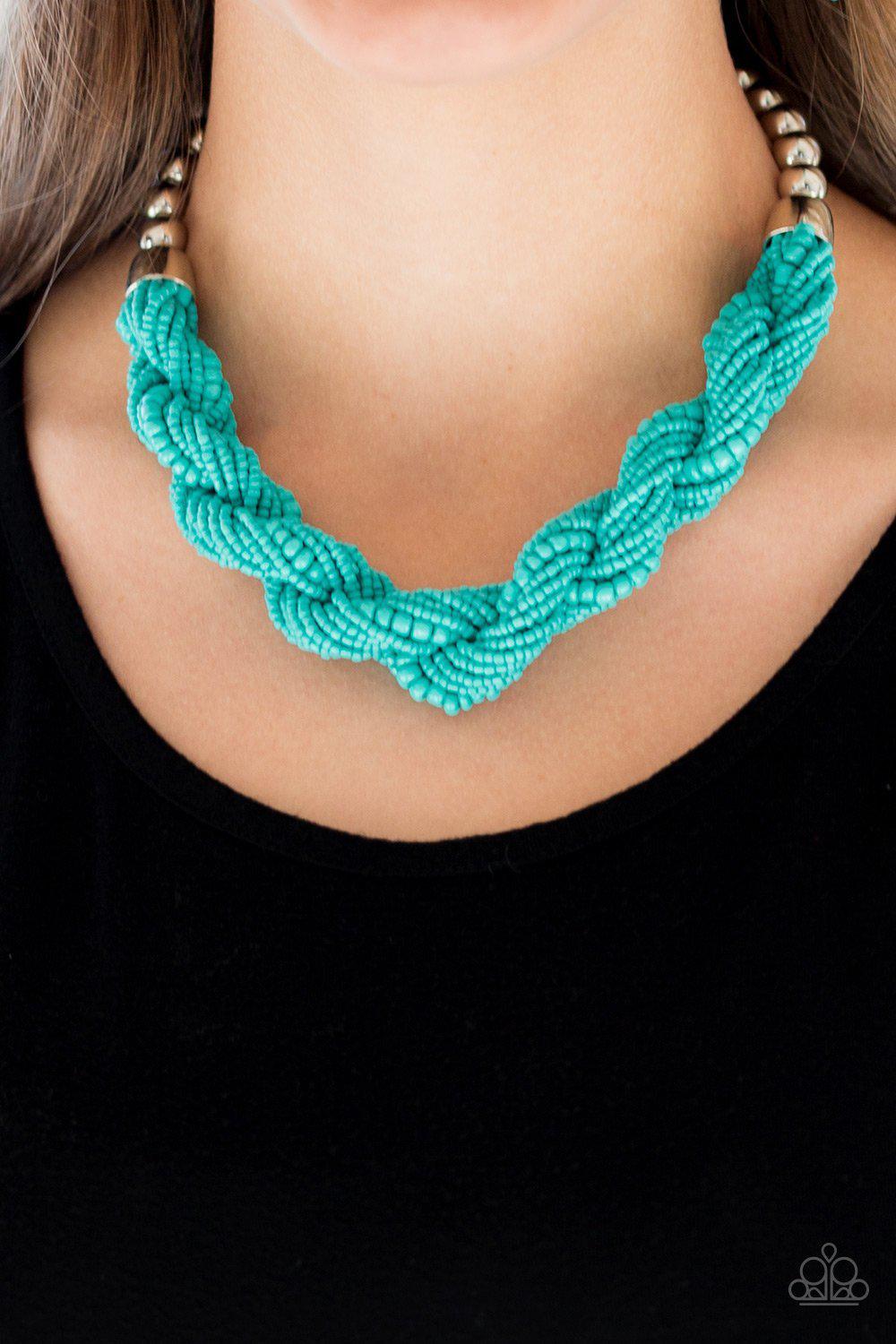 Savannah Surfin' Turquoise Blue Seed Bead Necklace and matching Earrings - Paparazzi Accessories-CarasShop.com - $5 Jewelry by Cara Jewels