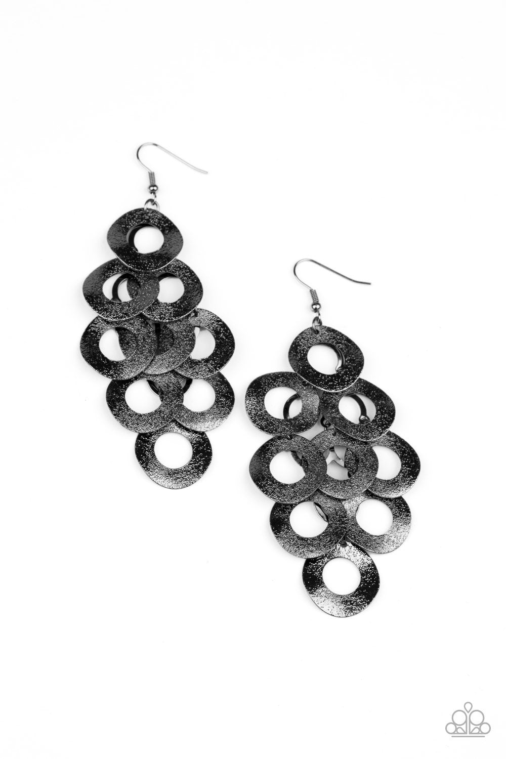 Scattered Shimmer Gunmetal Black Cascading Hoop Earrings - Paparazzi Accessories-CarasShop.com - $5 Jewelry by Cara Jewels