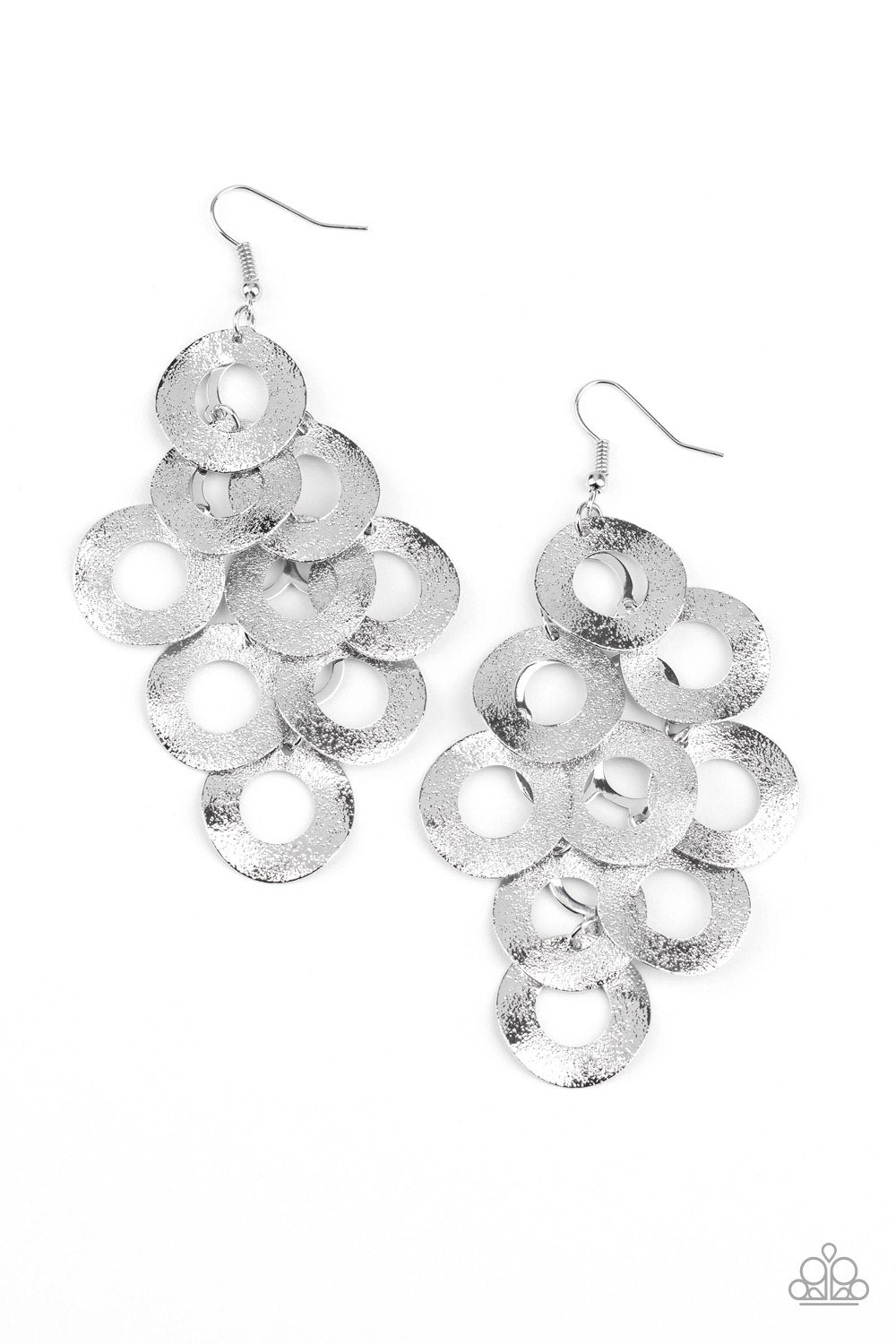 Scattered Shimmer Silver Cascading Hoop Earrings - Paparazzi Accessories - lightbox -CarasShop.com - $5 Jewelry by Cara Jewels