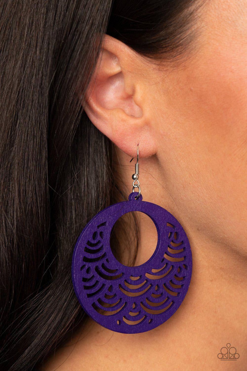 SEA Le Vie! Purple Wood Earrings - Paparazzi Accessories - model -CarasShop.com - $5 Jewelry by Cara Jewels
