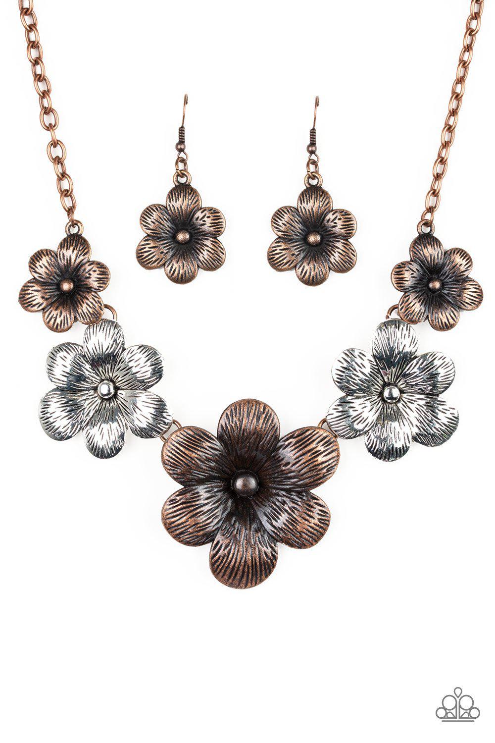 Secret Garden Multi Silver and Copper Flower Necklace and matching Earrings - Paparazzi Accessories-CarasShop.com - $5 Jewelry by Cara Jewels