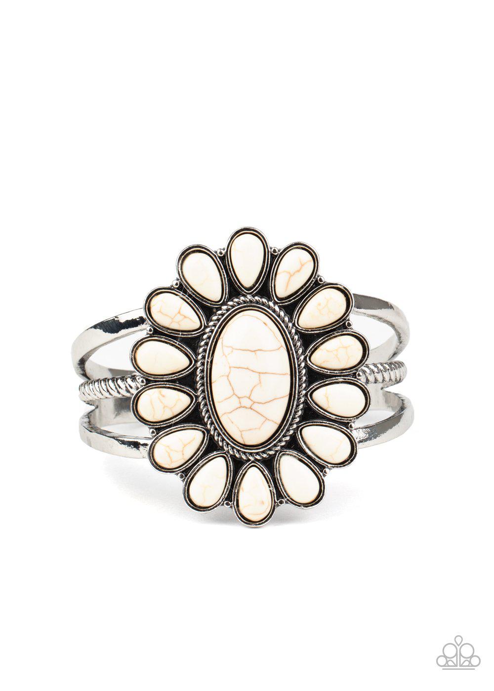 Sedona Spring White Stone Flower Cuff Bracelet - Paparazzi Accessories - lightbox -CarasShop.com - $5 Jewelry by Cara Jewels