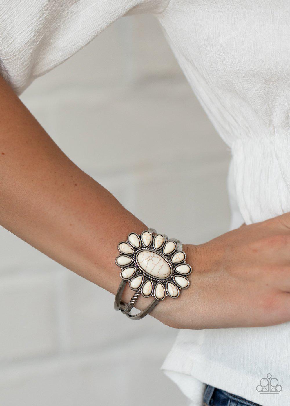 Sedona Spring White Stone Flower Cuff Bracelet - Paparazzi Accessories - model -CarasShop.com - $5 Jewelry by Cara Jewels