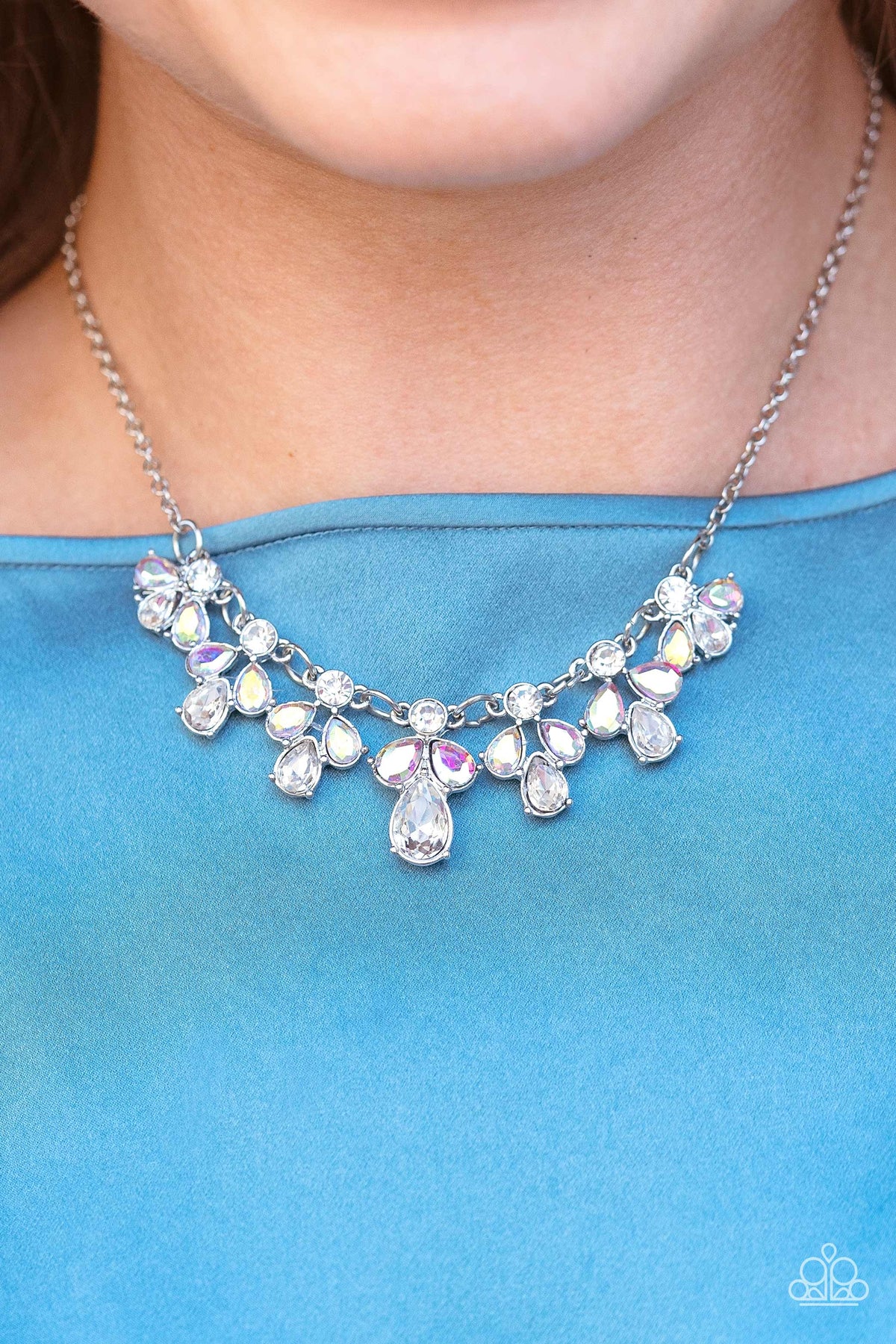 See in a New STARLIGHT White Iridescent Rhinestone Necklace - Paparazzi Accessories-on model - CarasShop.com - $5 Jewelry by Cara Jewels