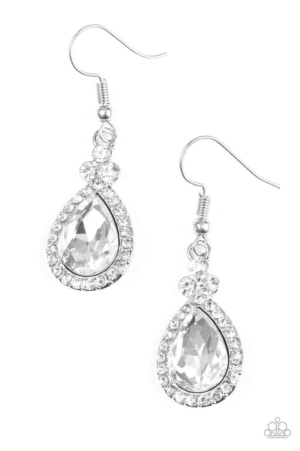 Self-Made Millionaire White Teardrop Rhinestone Earrings - Paparazzi Accessories-CarasShop.com - $5 Jewelry by Cara Jewels