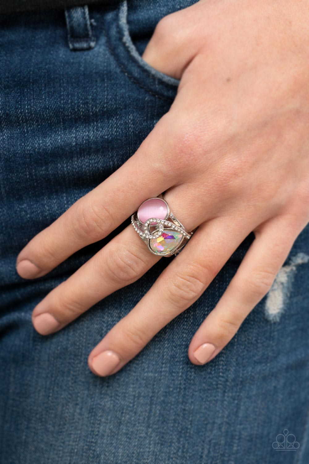 SELFIE-Indulgence Pink Cat&#39;s Eye and Iridescent Rhinestone Ring - Paparazzi Accessories-on model - CarasShop.com - $5 Jewelry by Cara Jewels