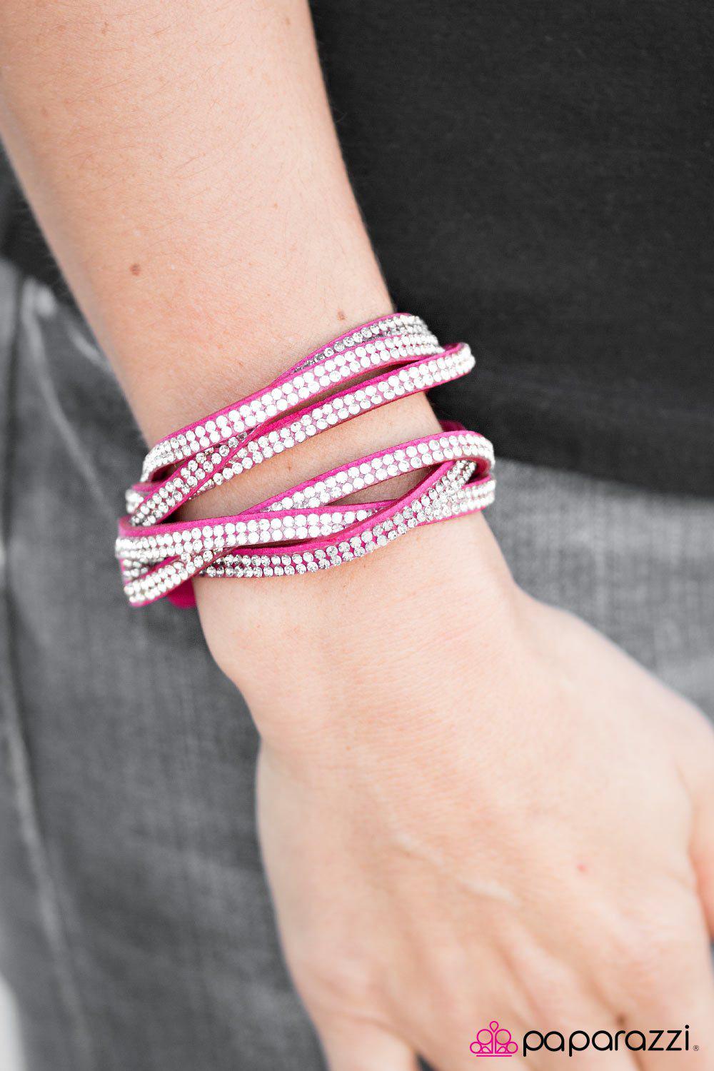 Send In The Sparkle Pink and White Braided Double-wrap Snap Bracelet - Paparazzi Accessories-CarasShop.com - $5 Jewelry by Cara Jewels