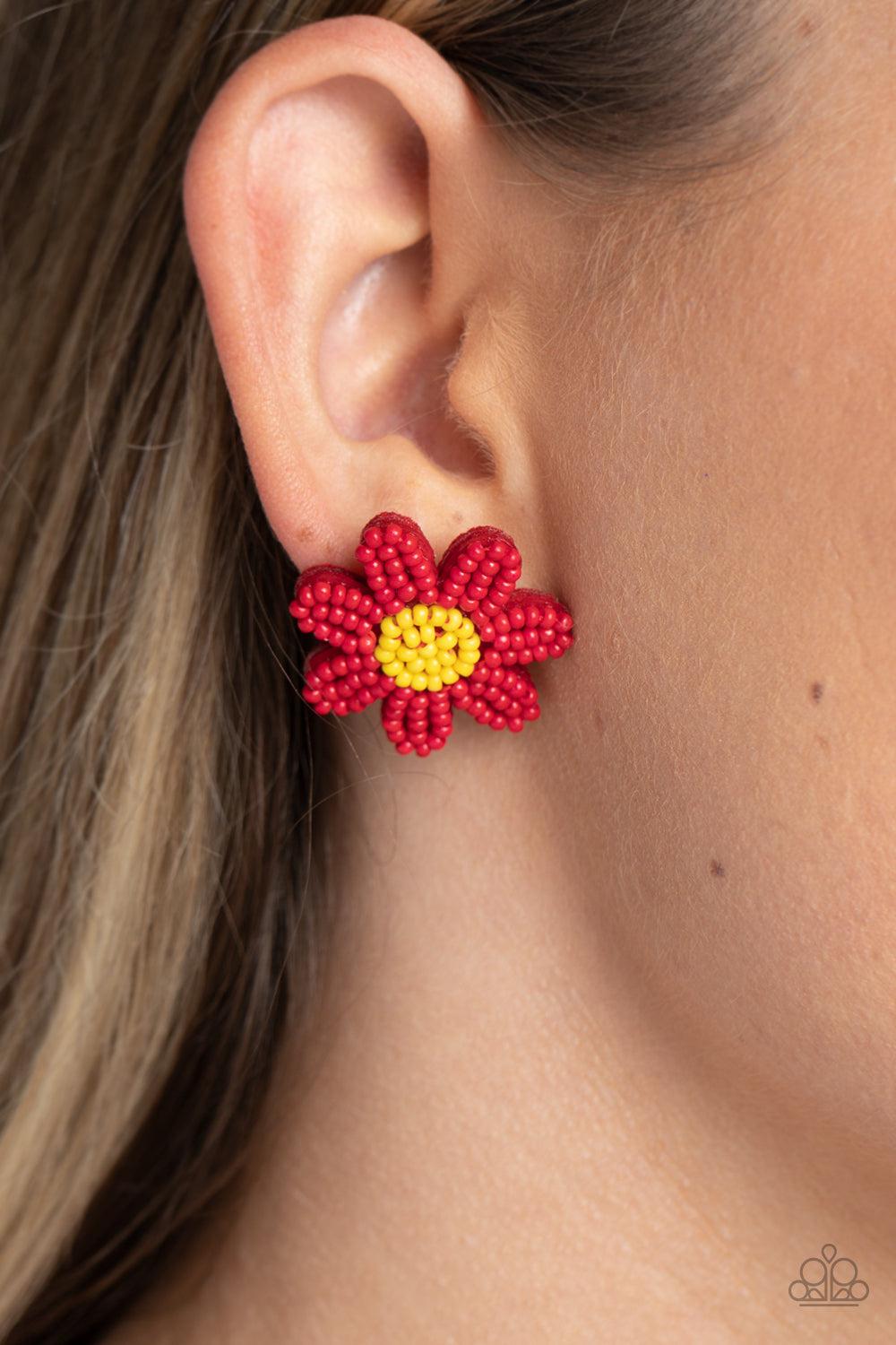 Sensational Seeds Red Daisy Seed Bead Earrings - Paparazzi Accessories-on model - CarasShop.com - $5 Jewelry by Cara Jewels