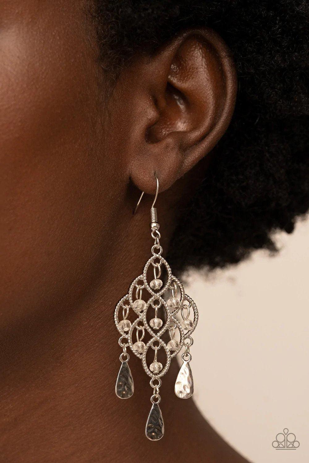 Sentimental Shimmer White Earrings - Paparazzi Accessories-on model - CarasShop.com - $5 Jewelry by Cara Jewels