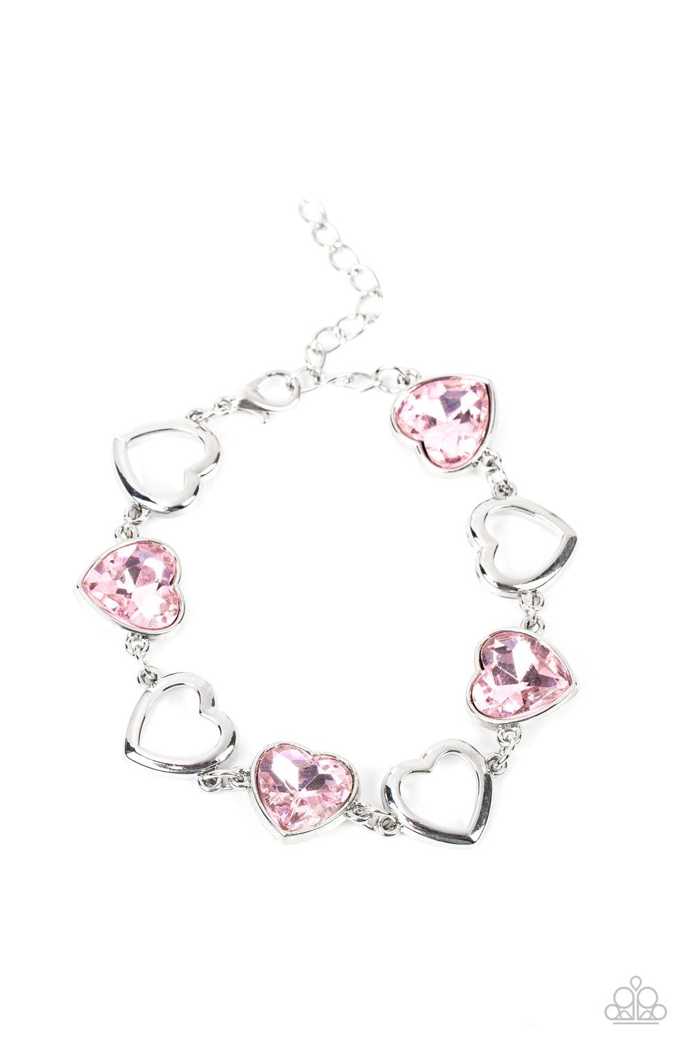 Sentimental Sweethearts Pink Rhinestone Heart Bracelet - Paparazzi Accessories- lightbox - CarasShop.com - $5 Jewelry by Cara Jewels