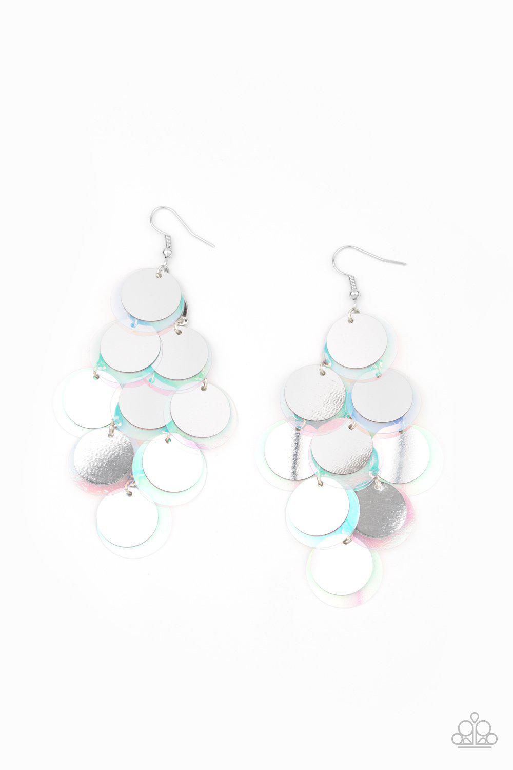 Sequin Seeker Silver and Iridescent Sequin Cascading Earrings - Paparazzi Accessories- lightbox - CarasShop.com - $5 Jewelry by Cara Jewels