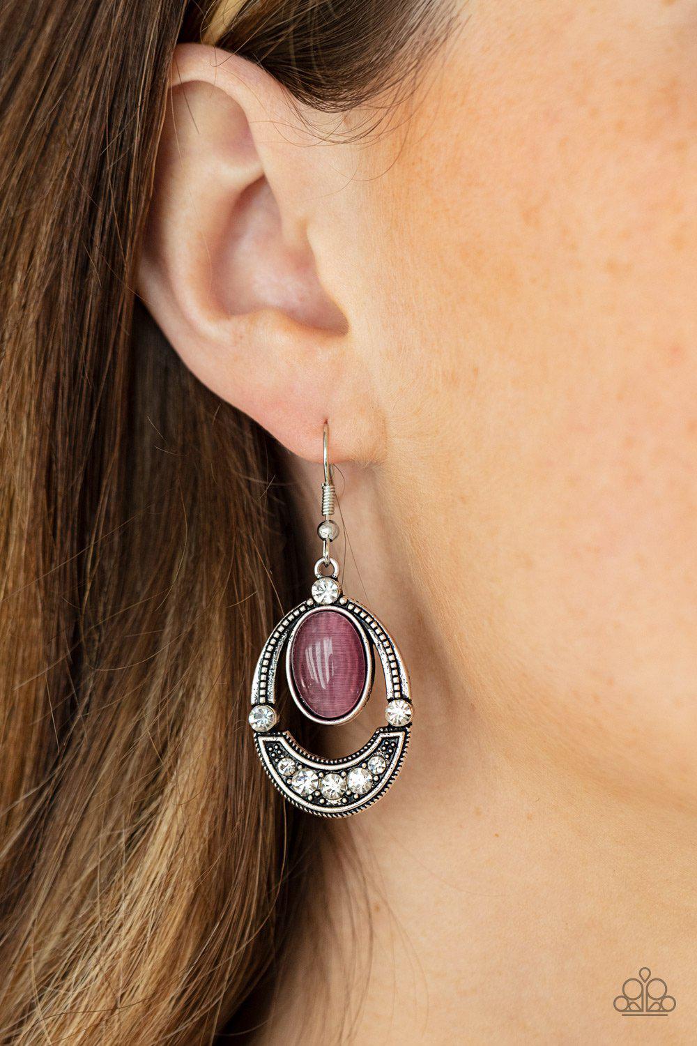 Serene Shimmer Purple Cat's Eye and White Rhinestone Earrings - Paparazzi Accessories- lightbox - CarasShop.com - $5 Jewelry by Cara Jewels
