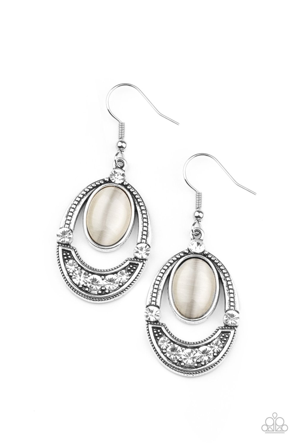 Serene Shimmer White Cat&#39;s Eye and Rhinestone Earrings - Paparazzi Accessories- lightbox - CarasShop.com - $5 Jewelry by Cara Jewels