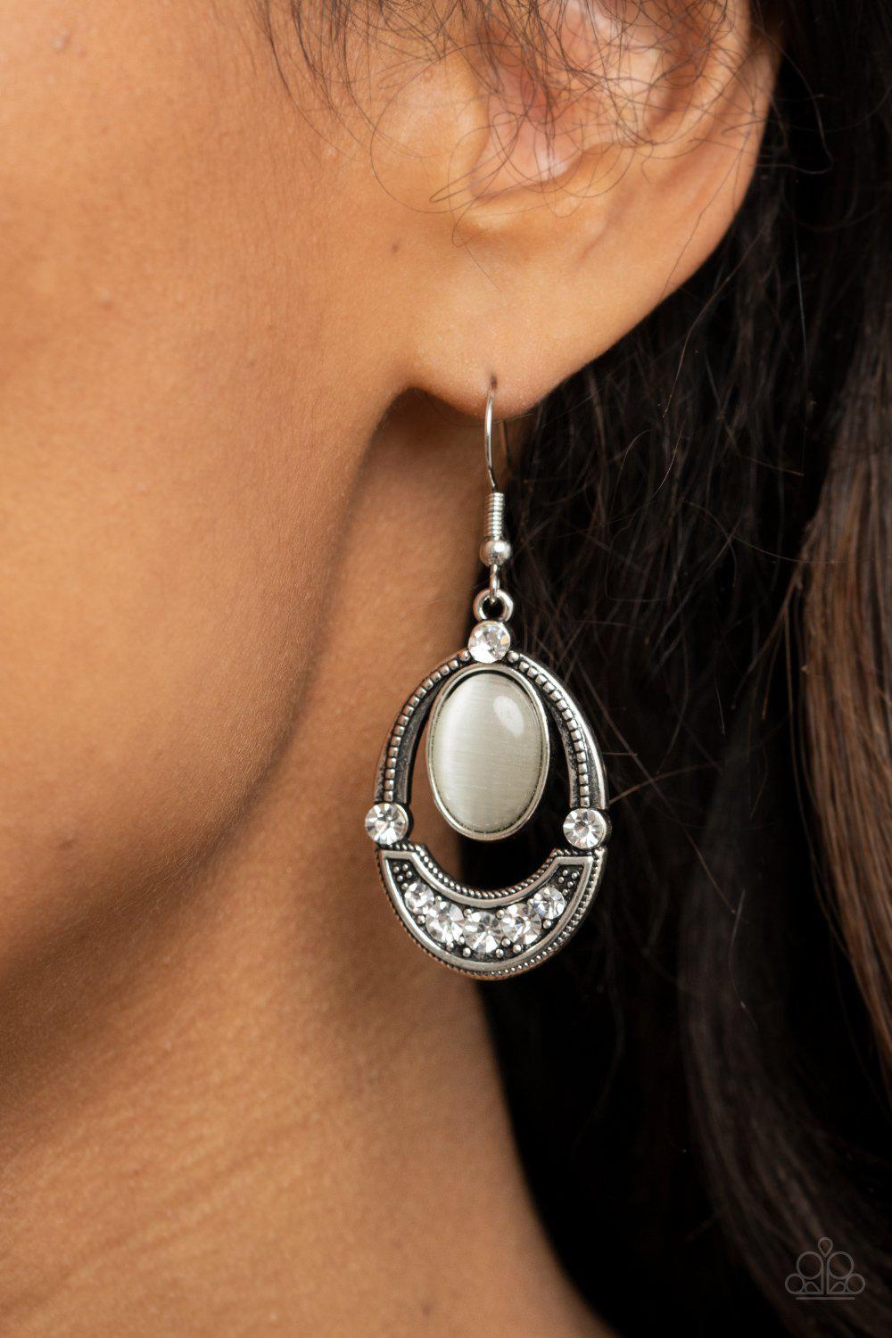 Serene Shimmer White Cat&#39;s Eye and Rhinestone Earrings - Paparazzi Accessories- model - CarasShop.com - $5 Jewelry by Cara Jewels