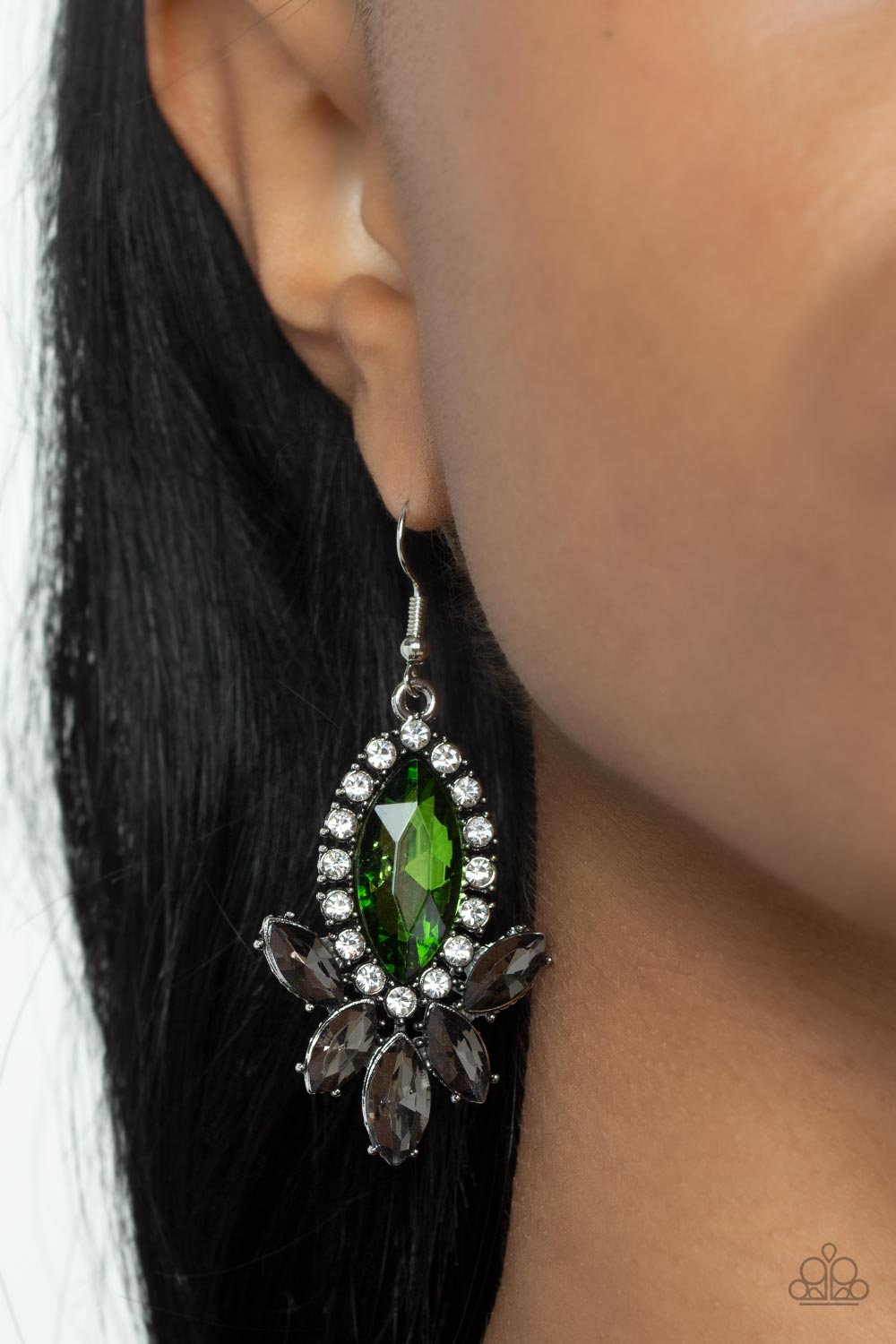 Serving Up Sparkle Green and Smoky Rhinestone Earrings - Paparazzi Accessories- on model - CarasShop.com - $5 Jewelry by Cara Jewels